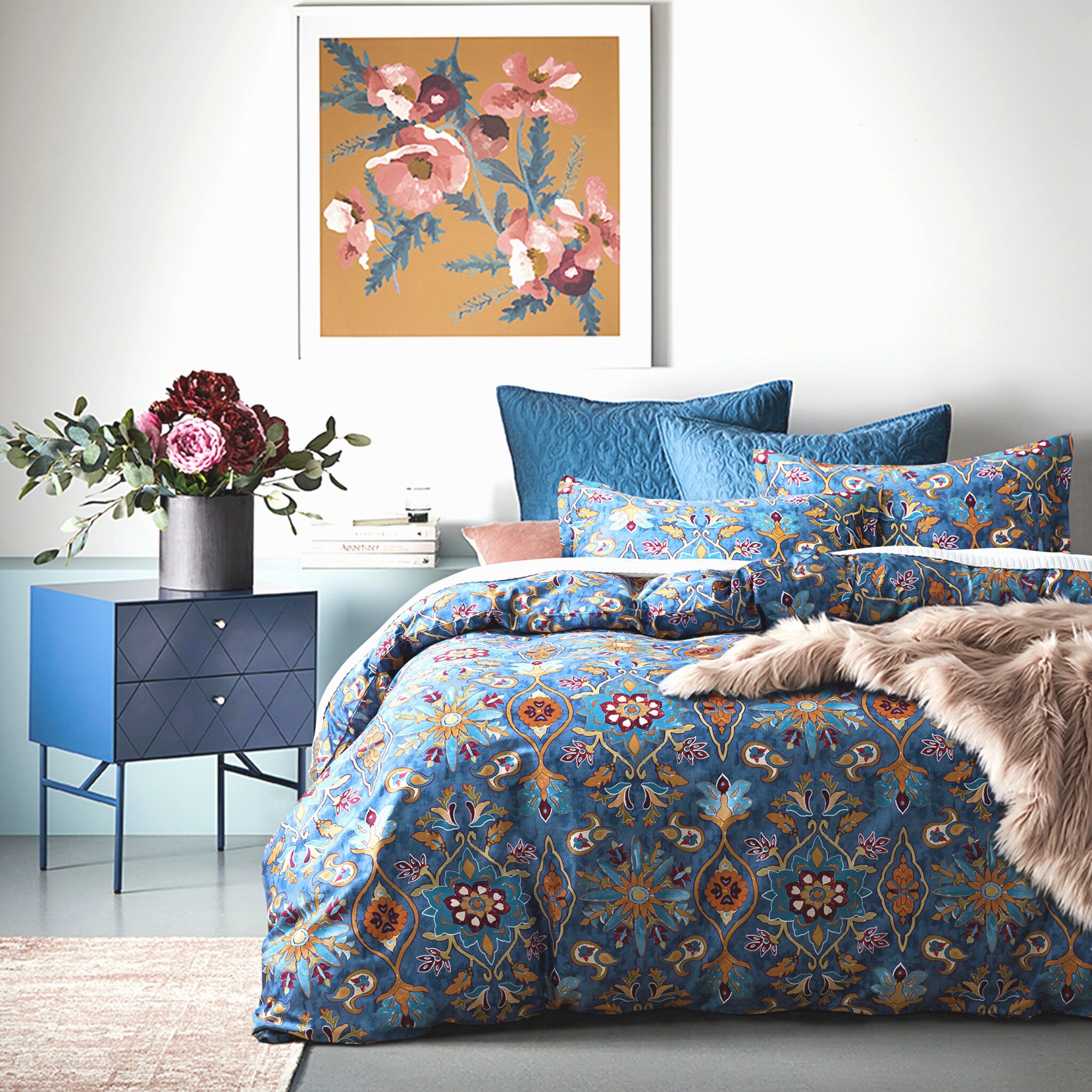 Spanish Tiles Vibrant Bohemian Pattern Duvet Cover Set Damask Medallion