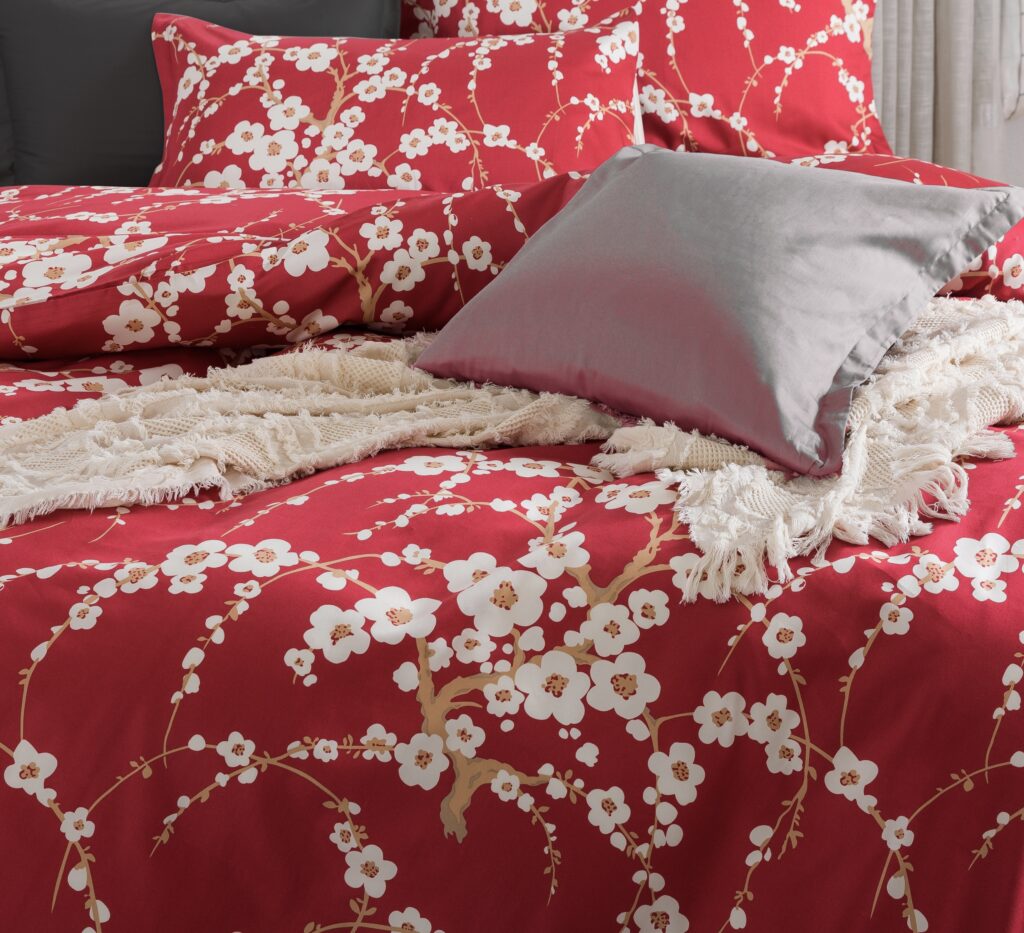 Cherry Blossom Floral Duvet Cover Chinoiserie Chic Style Blooming Vines