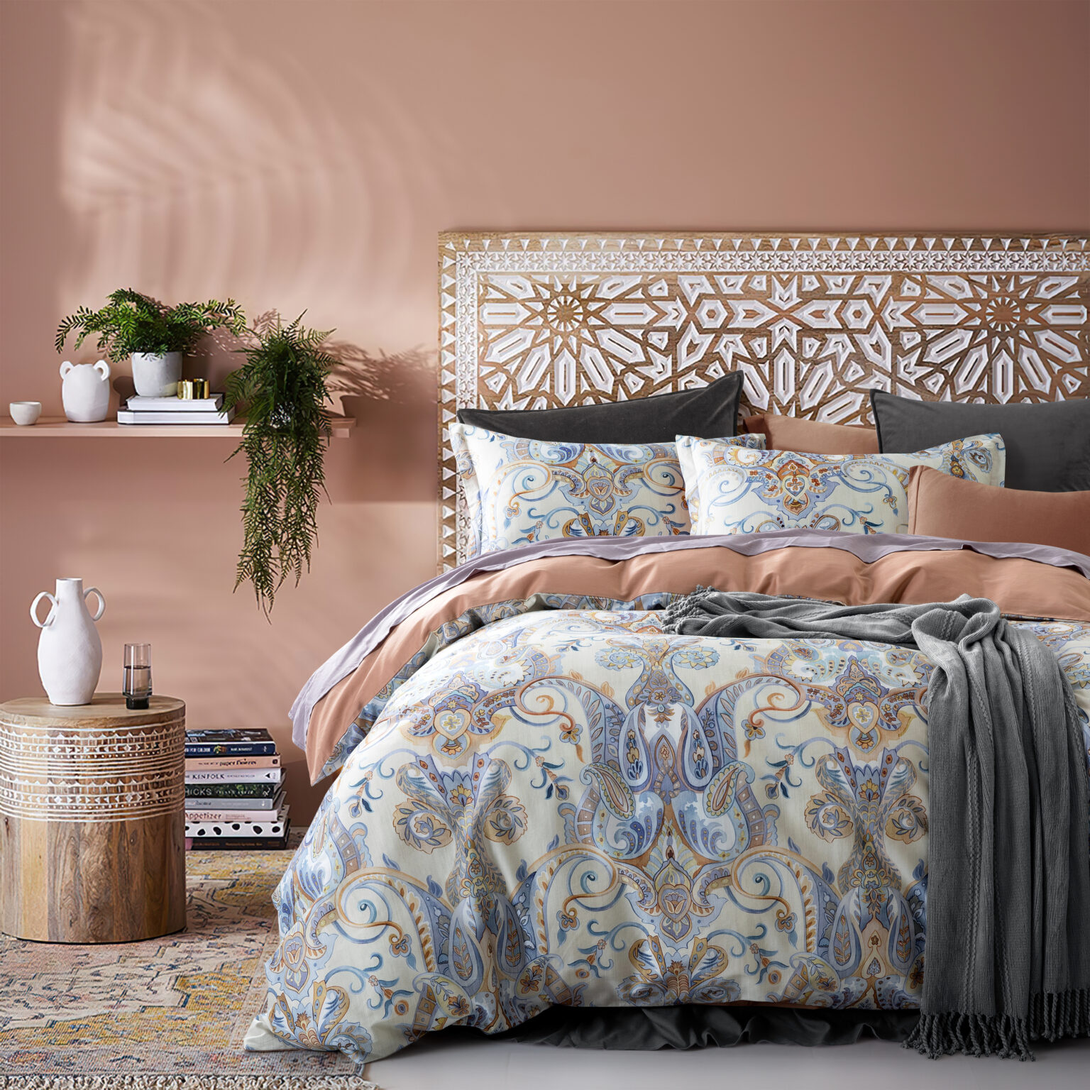Bohemian Paisley Damask Duvet Cover Set Copper, Rust, Dusty Blue GET BED READY