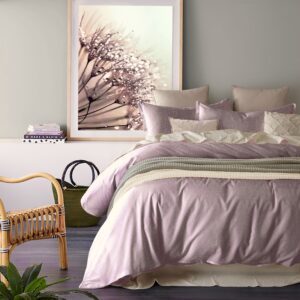 Stonewashed Cotton Casual Duvet Cover Set Relaxed Modern Style Bedding Natural Wrinkled Lived-in Look, Pink Mauve