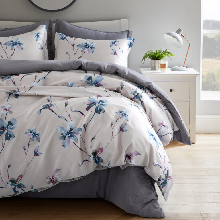 Modern Watercolor Flowers Print Duvet Cover Set Lilac Orchid Magnolia
