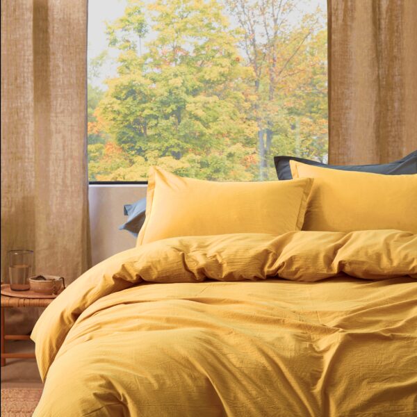 Stonewashed Cotton Casual Duvet Cover Set Relaxed Modern Style Bedding Natural Wrinkled Lived-in Look, Ocher
